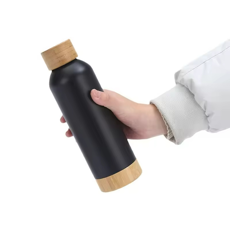 BORGE Customized 500ml/750ml Stainless Steel Insulated Vacuum Portable Sport Bamboo Water Bottle Tumbler With Handgrip