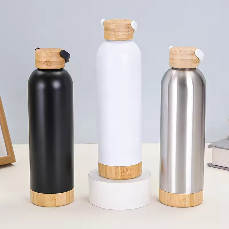 BORGE Customized 500ml/750ml Stainless Steel Insulated Vacuum Portable Sport Bamboo Water Bottle Tumbler With Handgrip