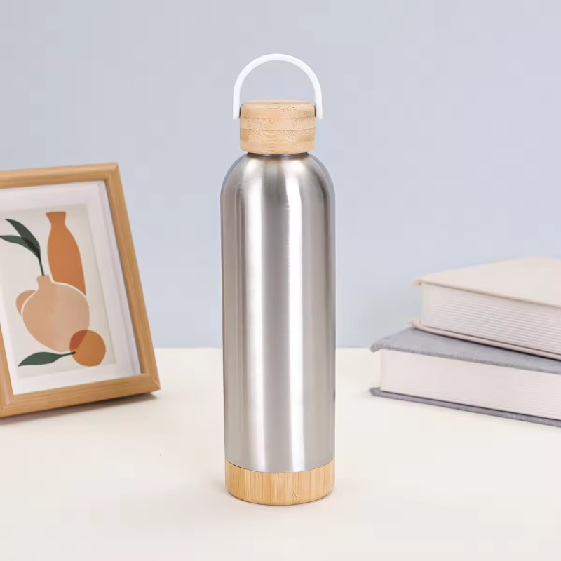 BORGE Customized 500ml/750ml Stainless Steel Insulated Vacuum Portable Sport Bamboo Water Bottle Tumbler With Handgrip