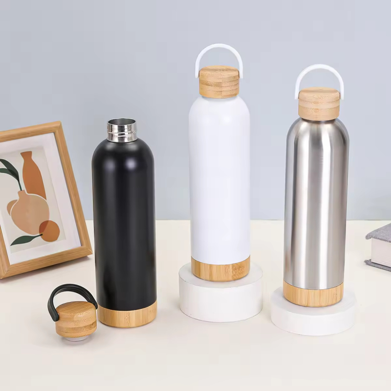 BORGE Customized 500ml/750ml Stainless Steel Insulated Vacuum Portable Sport Bamboo Water Bottle Tumbler With Handgrip
