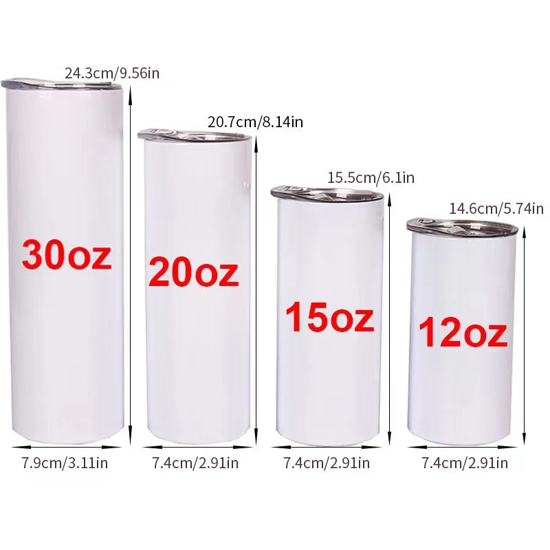 Wholesale 12 oz 15 oz 20 oz 30 oz Double Wall Vacuum Stainless Steel Insulated Sublimation Skinny Blanks Tumblr Cup
