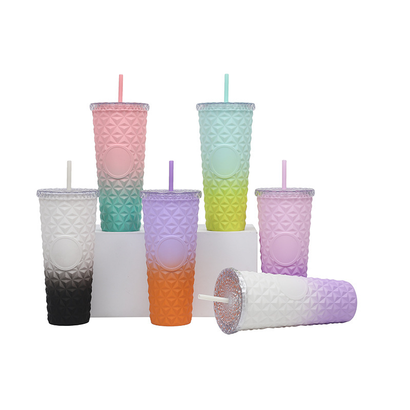 Wholesale Reusable Drinking Cup 24oz Studded Acrylic Diamond Gradient Double Wall Plastic Tumblr Cup