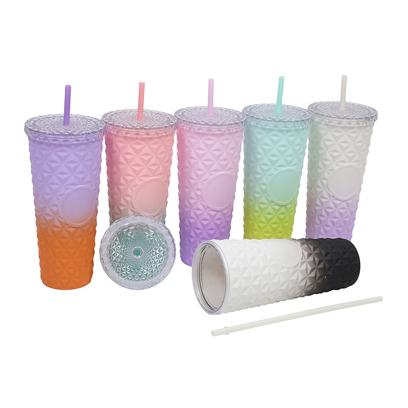 Wholesale Reusable Drinking Cup 24oz Studded Acrylic Diamond Gradient Double Wall Plastic Tumblr Cup