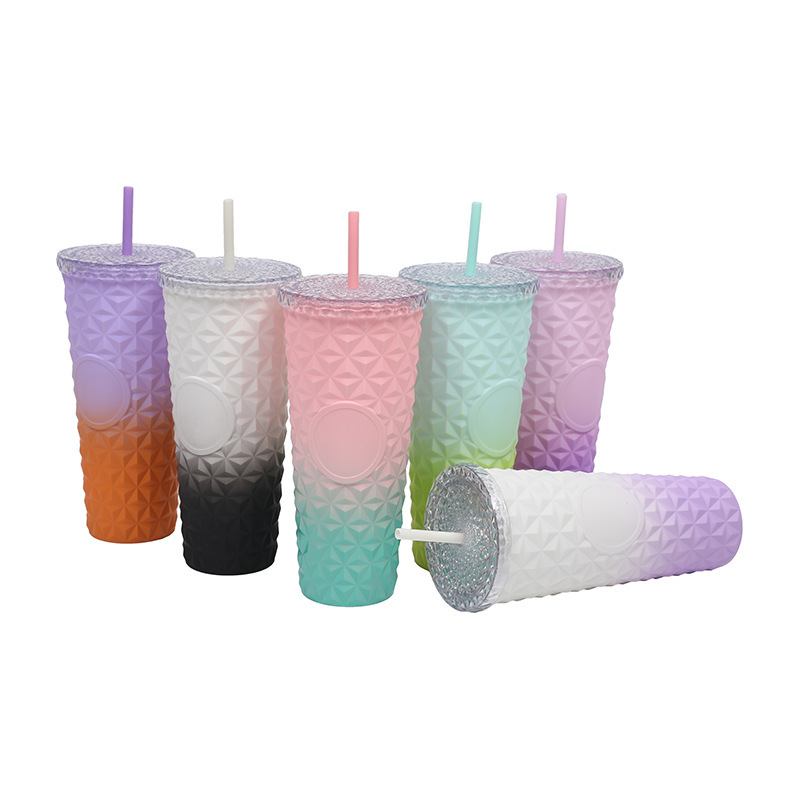 Wholesale Reusable Drinking Cup 24oz Studded Acrylic Diamond Gradient Double Wall Plastic Tumblr Cup