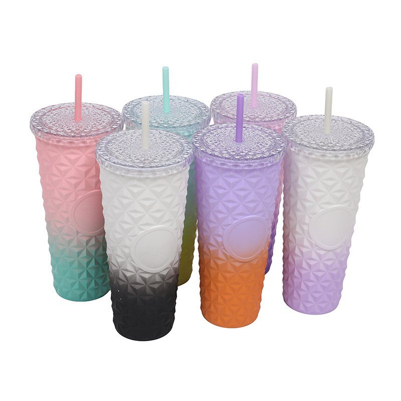 Wholesale Reusable Drinking Cup 24oz Studded Acrylic Diamond Gradient Double Wall Plastic Tumblr Cup