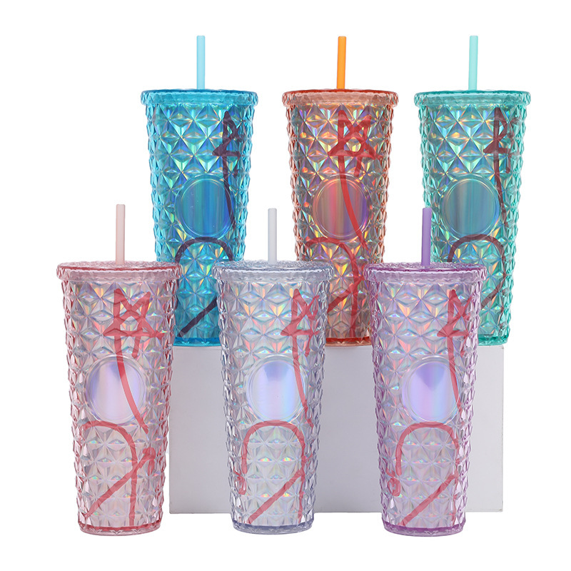 Wholesale Bulk 24oz Plastic Cold Travel Coffee Cup Diamond Studded Tumblers Acrylic Tumblers With Lid and Straw