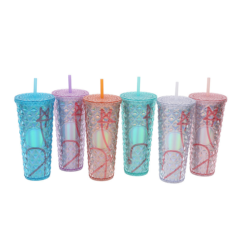 Wholesale Bulk 24oz Plastic Cold Travel Coffee Cup Diamond Studded Tumblers Acrylic Tumblers With Lid and Straw