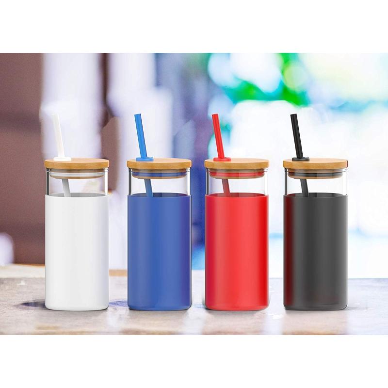 Custom Logo 500ml Clear Borosilicate Glass Water Drinking Water Bottle With Bamboo Lid and Silicone Sleeve