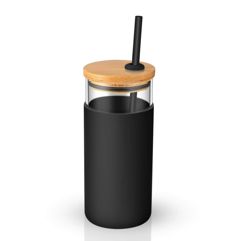Custom Logo 500ml Clear Borosilicate Glass Water Drinking Water Bottle With Bamboo Lid and Silicone Sleeve