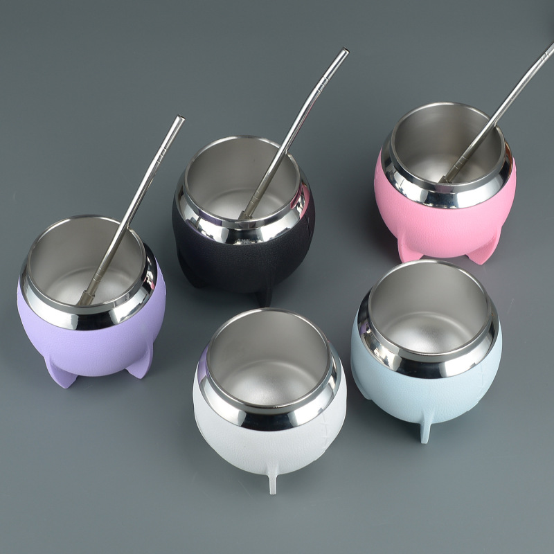 BORGE Yerba Mate Gourd Leather Stainless Steel Coffee Yerba Para Mate Argentina Cup With Bombilla Straw