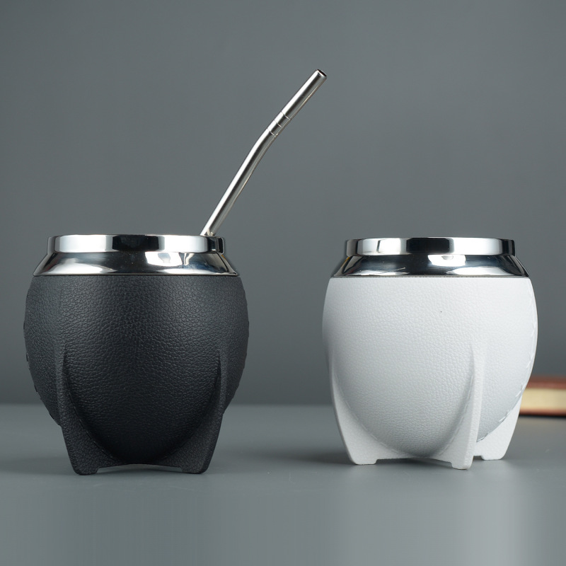 BORGE Yerba Mate Gourd Leather Stainless Steel Coffee Yerba Para Mate Argentina Cup With Bombilla Straw