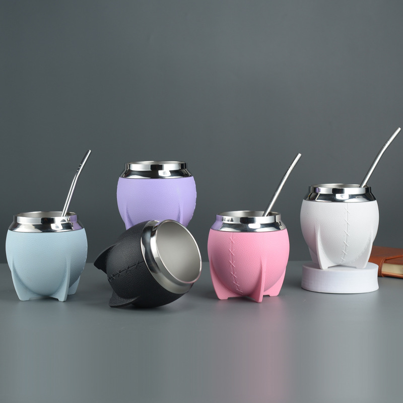 BORGE Yerba Mate Gourd Leather Stainless Steel Coffee Yerba Para Mate Argentina Cup With Bombilla Straw