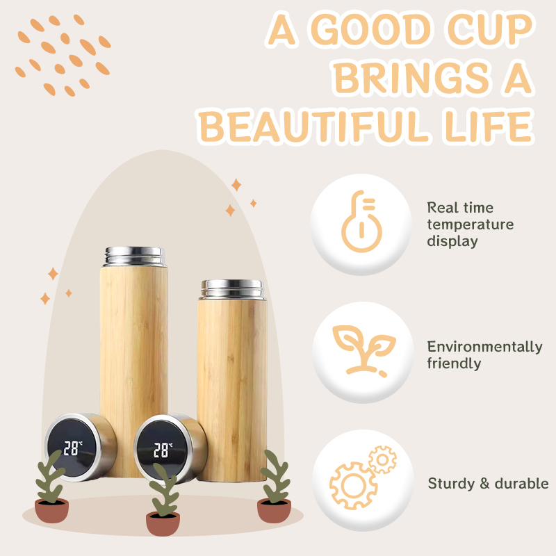 BORGE Customized Reusable 450ml Vacuum Double Wall Bamboo Bottle Water Flask Coffee Travel Mug Tumbler