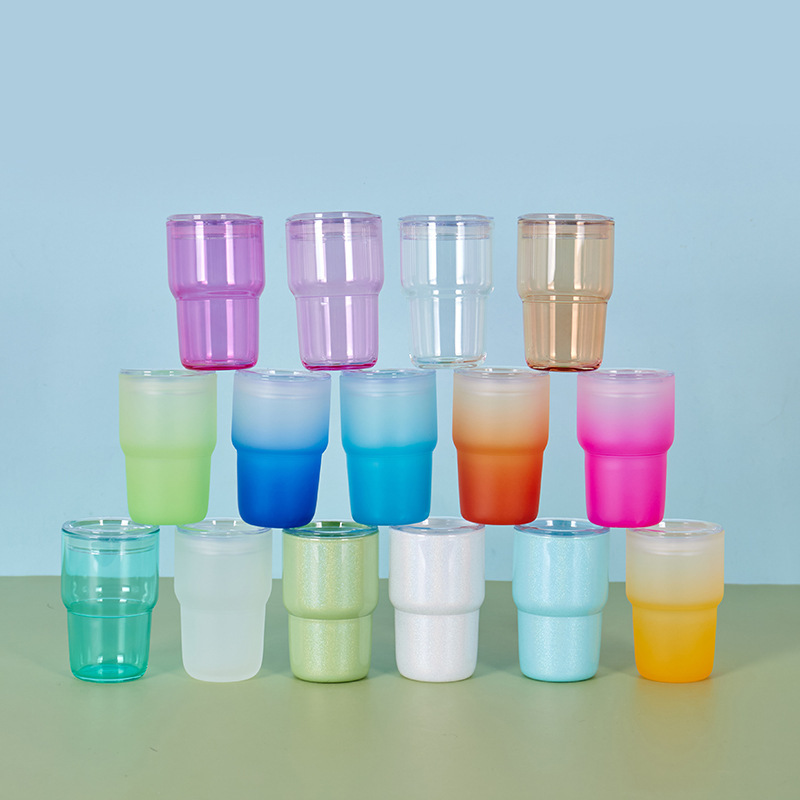 Customized 3oz Gradient Colored Frosted Shot Glass Mini Tumbler Jelly Glass Can with Plastic Lids and Straw