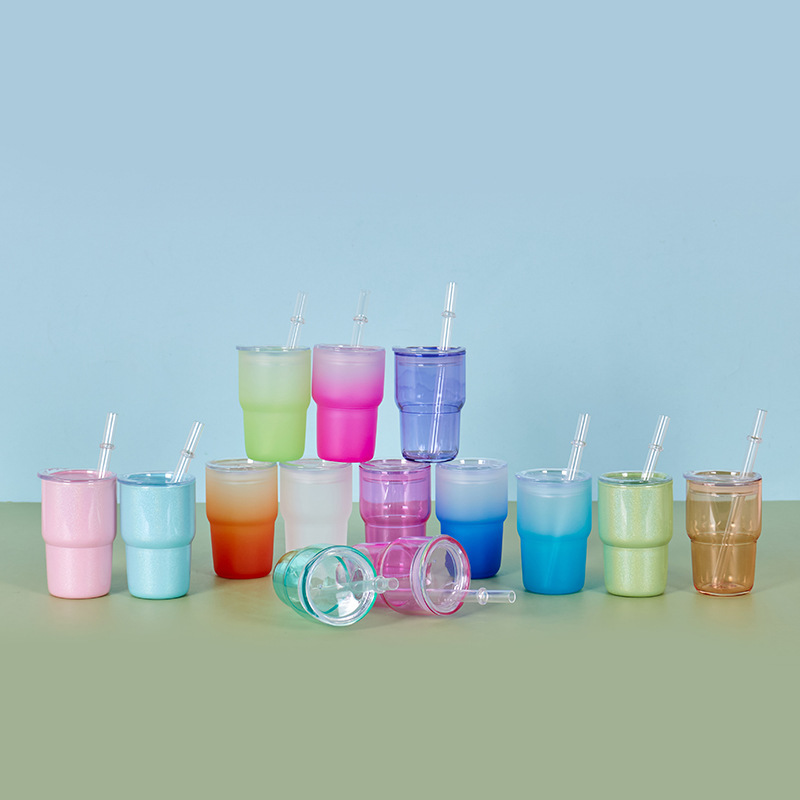 Customized 3oz Gradient Colored Frosted Shot Glass Mini Tumbler Jelly Glass Can with Plastic Lids and Straw