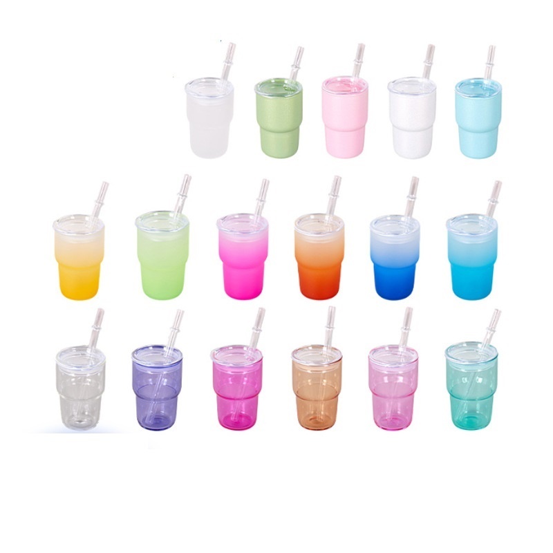 Customized 3oz Gradient Colored Frosted Shot Glass Mini Tumbler Jelly Glass Can with Plastic Lids and Straw