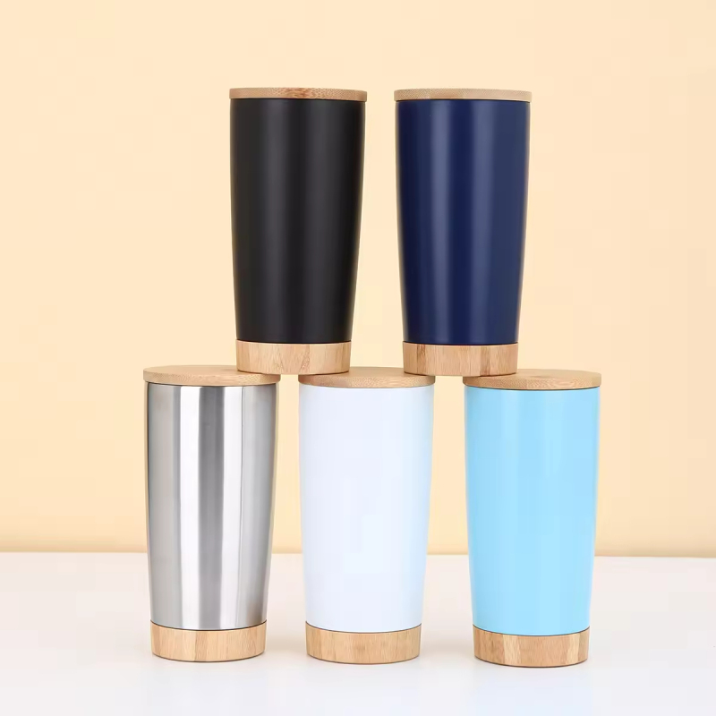 BORGE Customized Insulated Vacuum 20Oz Powder Coated Travel Mug Stainless Steel Tumbler  with Wood Lid