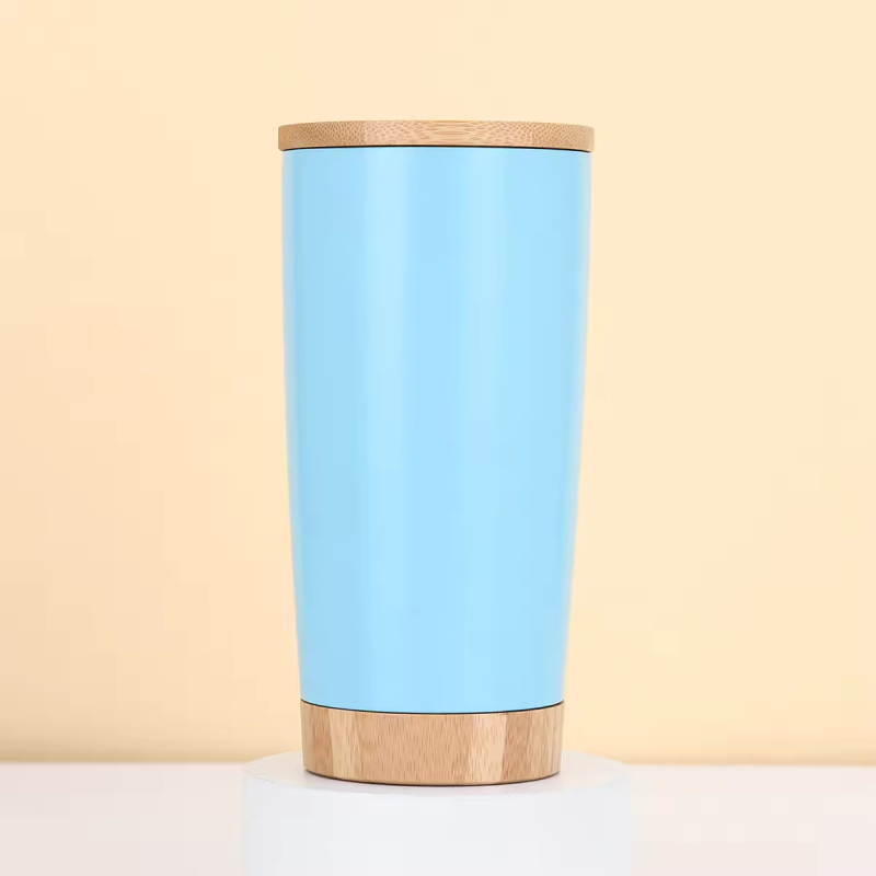 BORGE Customized Insulated Vacuum 20Oz Powder Coated Travel Mug Stainless Steel Tumbler  with Wood Lid