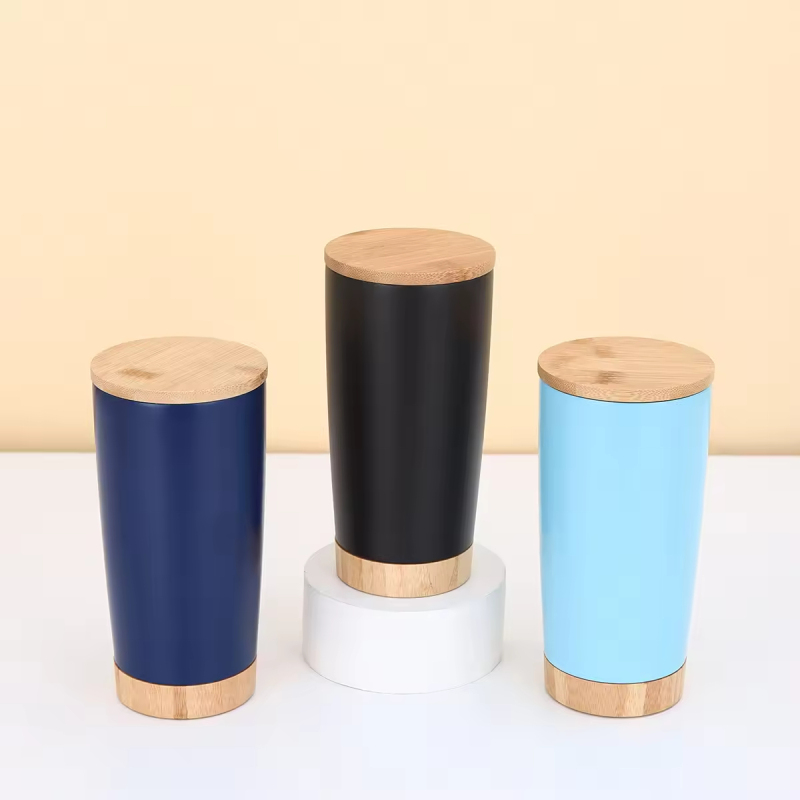 BORGE Customized Insulated Vacuum 20Oz Powder Coated Travel Mug Stainless Steel Tumbler  with Wood Lid