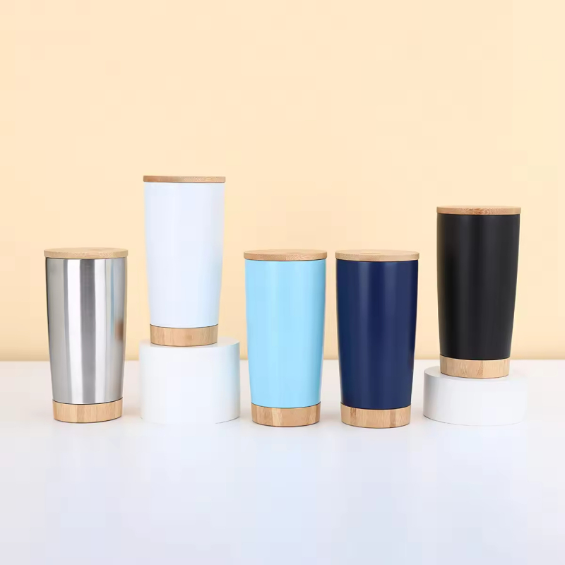 BORGE Customized Insulated Vacuum 20Oz Powder Coated Travel Mug Stainless Steel Tumbler  with Wood Lid