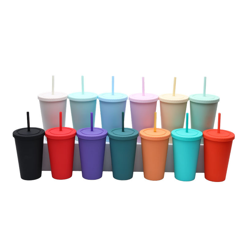 Wholesale Bulk 480ml Plastic Frosted Reusable Cups Juice Drink Tumbler Double Wall Matte Tumbler With Straw
