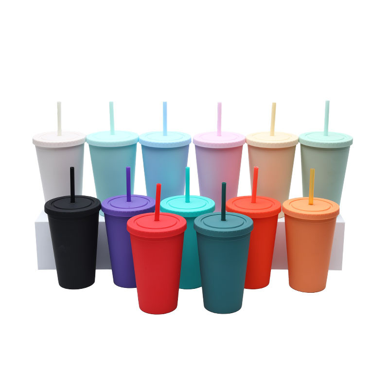 Wholesale Bulk 480ml Plastic Frosted Reusable Cups Juice Drink Tumbler Double Wall Matte Tumbler With Straw