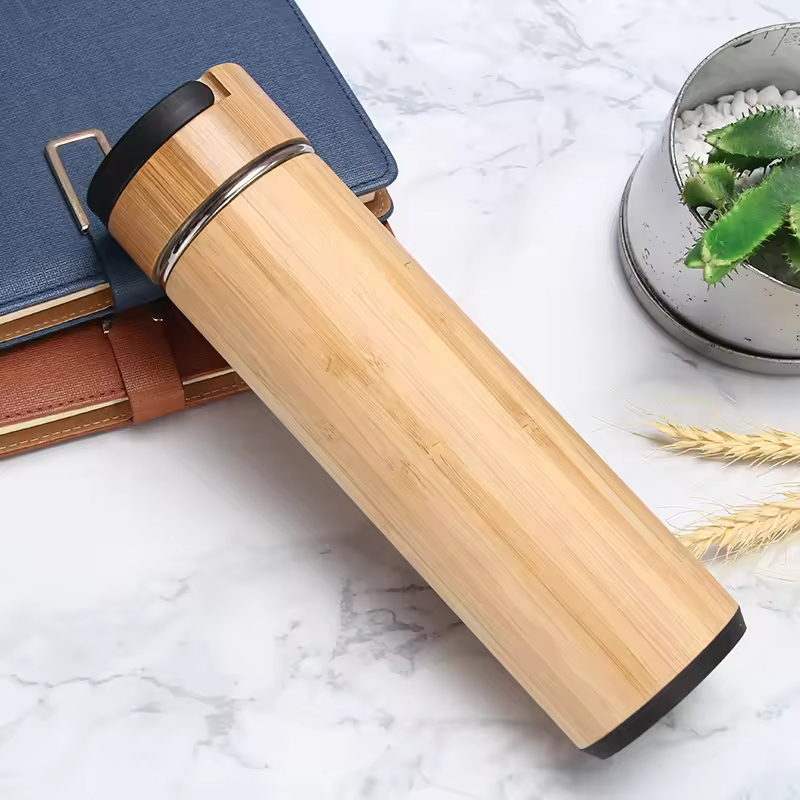 BORGE Customized 550ml Double Wall Insulated Stainless Steel Bamboo Water Bottle Tumbler Thermal Tea Flask With Tea Infuser
