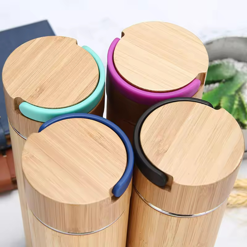 BORGE Customized 550ml Double Wall Insulated Stainless Steel Bamboo Water Bottle Tumbler Thermal Tea Flask With Tea Infuser