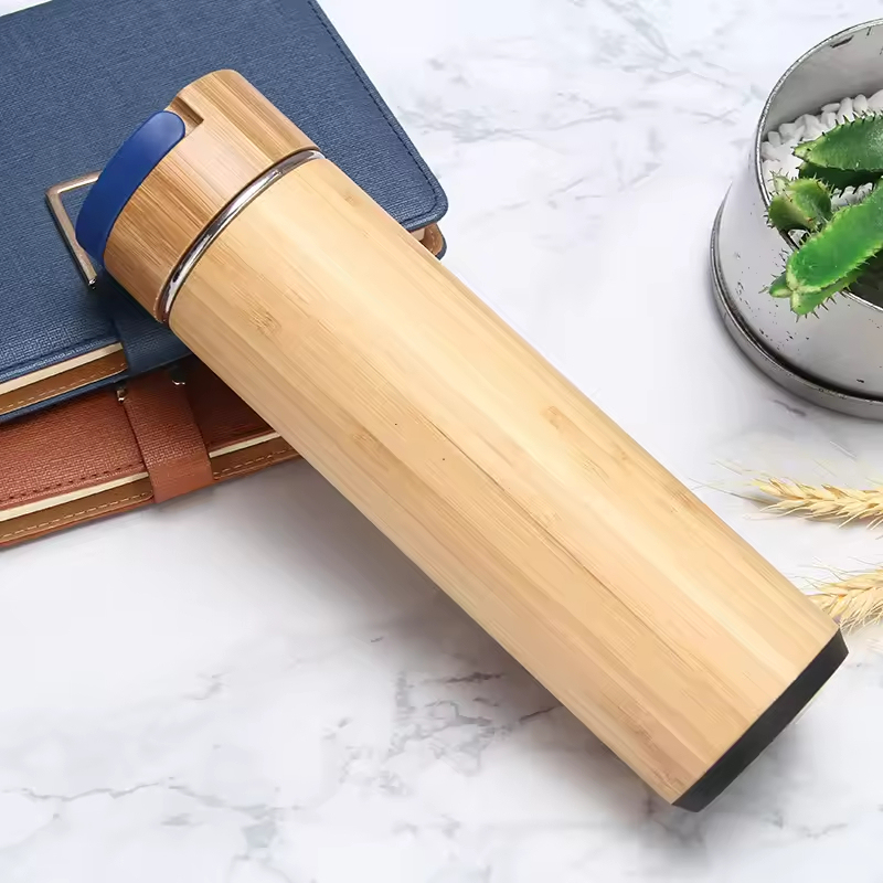 BORGE Customized 550ml Double Wall Insulated Stainless Steel Bamboo Water Bottle Tumbler Thermal Tea Flask With Tea Infuser