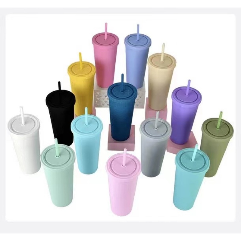 Hot Selling 24 oz Tumbler Plastic Cup With Lid and Straw Double Wall Reusable Bubble Tea Custom Plastic Cups