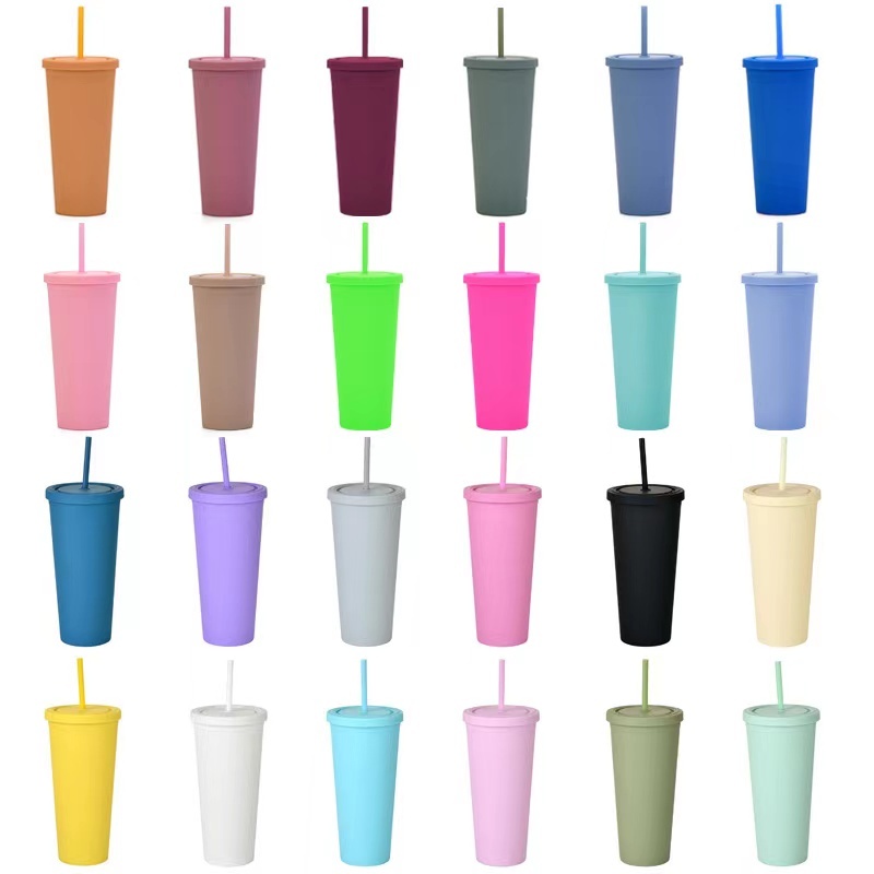 Hot Selling 24 oz  Tumbler Plastic Cup With Lid and Straw Double Wall Reusable Bubble Tea Custom Plastic Cups