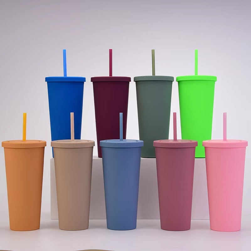 Hot Selling 24 oz Tumbler Plastic Cup With Lid and Straw Double Wall Reusable Bubble Tea Custom Plastic Cups