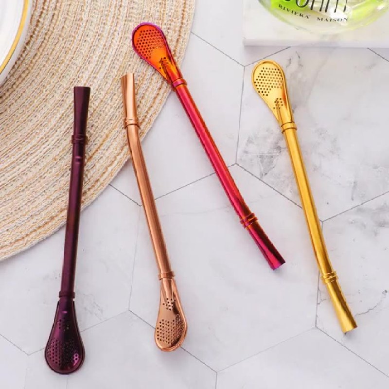 BORGE Factory Wholesale Food Grade Metal Stainless Steel Tea Straw Bombilla Yerba Mate Drinking Straws With Filter Spoon