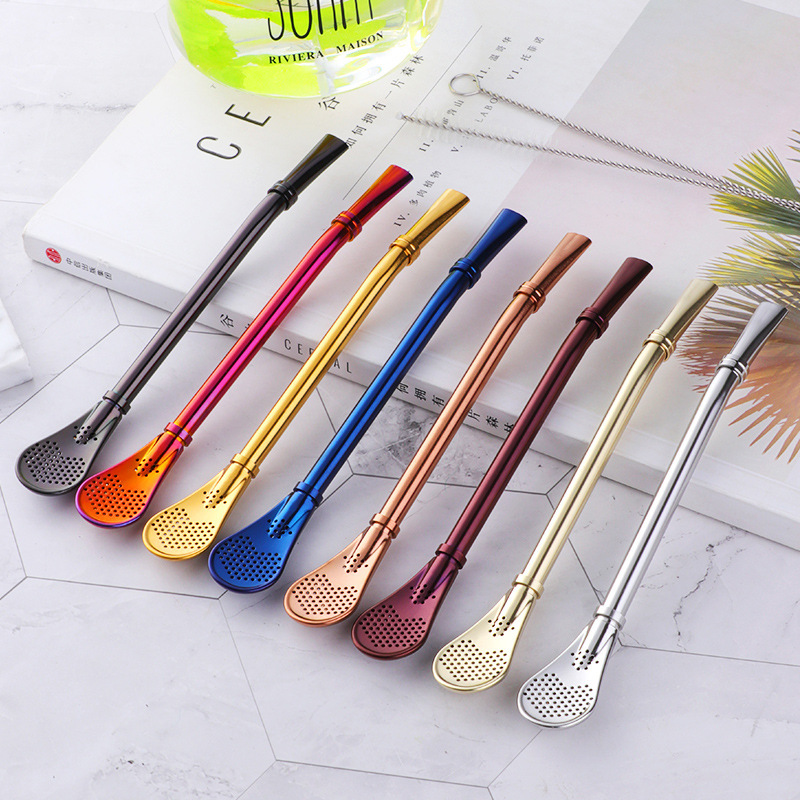 BORGE Factory Wholesale Food Grade Metal Stainless Steel Tea Straw Bombilla Yerba Mate Drinking Straws With Filter Spoon