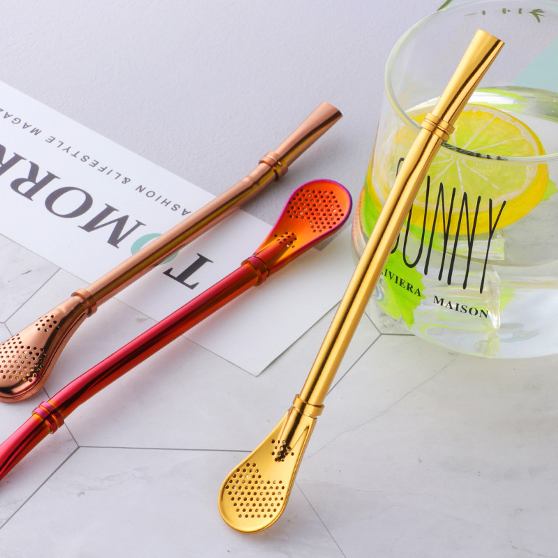 BORGE Factory Wholesale Food Grade Metal Stainless Steel Tea Straw Bombilla Yerba Mate Drinking Straws With Filter Spoon