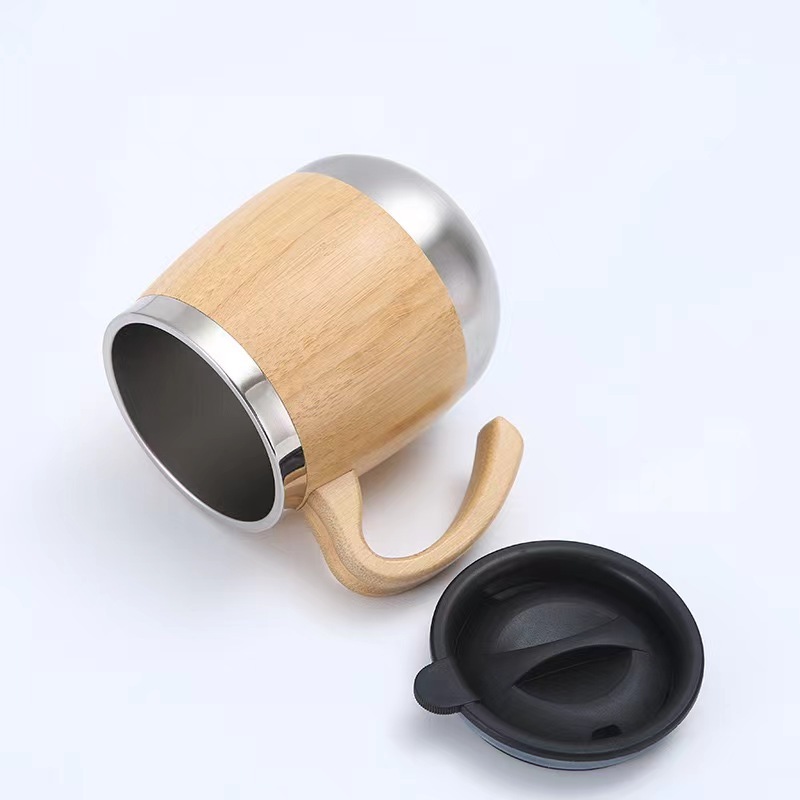 Factory Direct Egg Shaped Double Wall Bamboo Cup 450ml 304 Stainless Steel Rodless Wine Thermos High Quality Insulated Cup