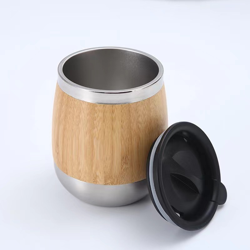 Factory Direct Egg Shaped Double Wall Bamboo Cup 450ml 304 Stainless Steel Rodless Wine Thermos High Quality Insulated Cup