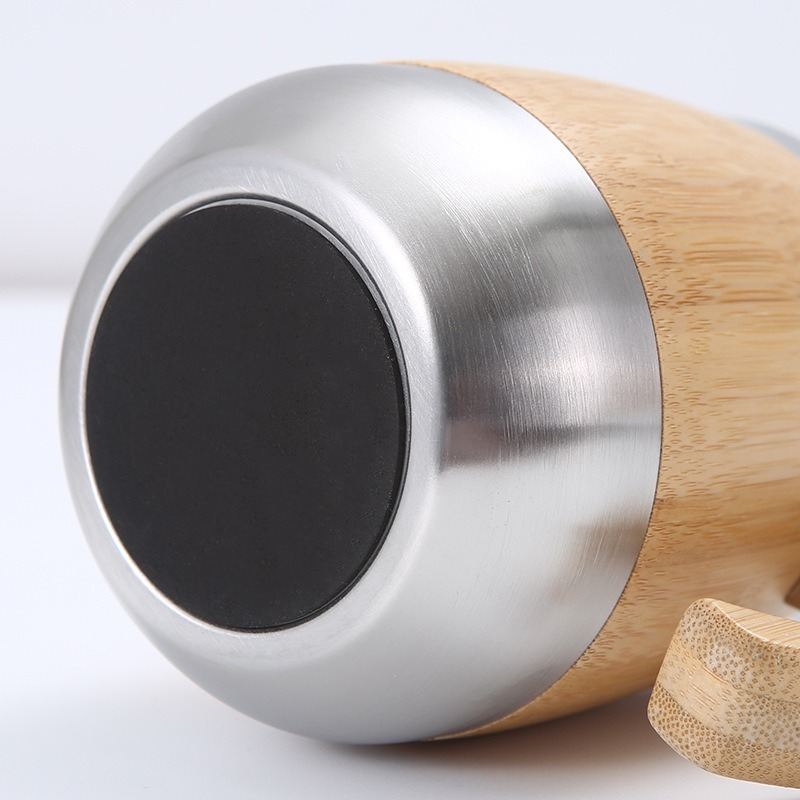 Factory Direct Egg Shaped Double Wall Bamboo Cup 450ml 304 Stainless Steel Rodless Wine Thermos High Quality Insulated Cup