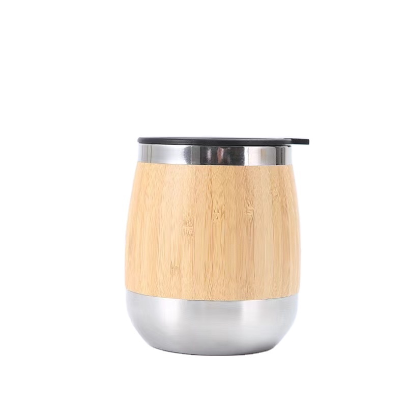 Factory Direct Egg Shaped Double Wall Bamboo Cup 450ml 304 Stainless Steel Rodless Wine Thermos High Quality Insulated Cup