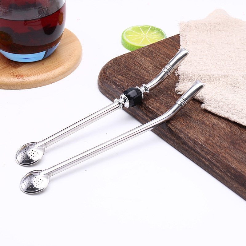 BORGE Stainless Steel Metal Filter Straw Spoon Yerba Mate Bombilla Straw Spoon with Cleaning Brush Set