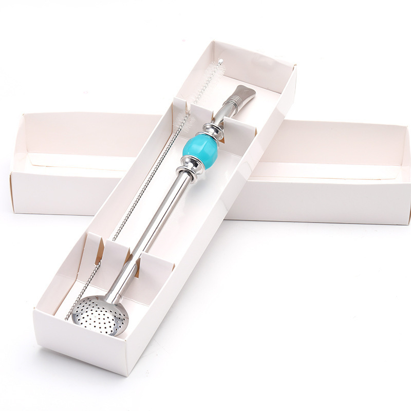 BORGE Stainless Steel Metal Filter Straw Spoon Yerba Mate Bombilla Straw Spoon with Cleaning Brush Set