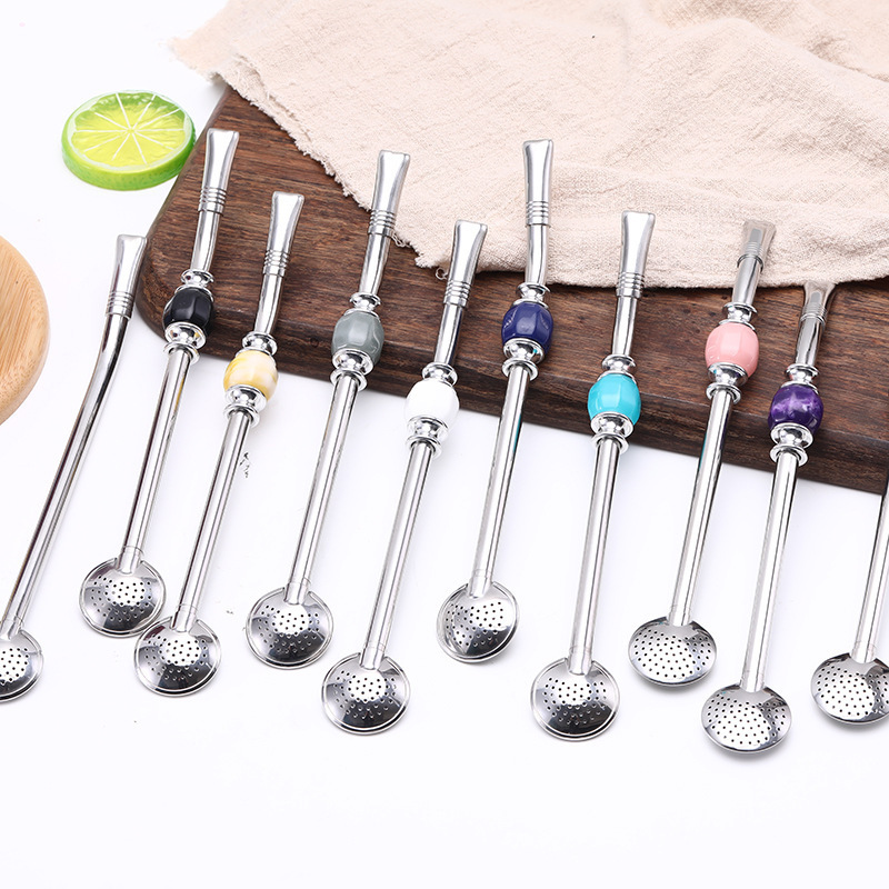 BORGE Stainless Steel Metal Filter Straw Spoon Yerba Mate Bombilla Straw Spoon with Cleaning Brush Set
