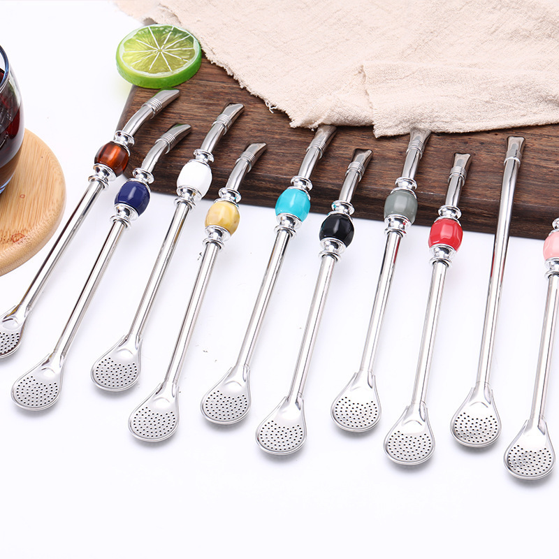 BORGE Stainless Steel Metal Filter Straw Spoon Yerba Mate Bombilla Straw Spoon with Cleaning Brush Set