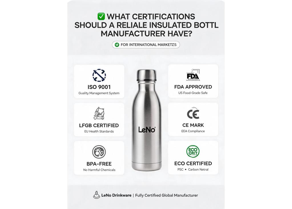 What certifications should a reliable insulated bottle manufacturer possess for international markets?