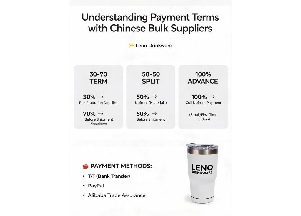 What is the common payment term structure when working with Chinese suppliers for bulk orders?