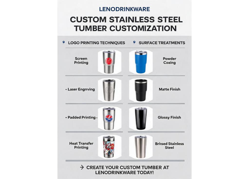 What customization options are available for logo printing and surface treatments on stainless steel tumblers?