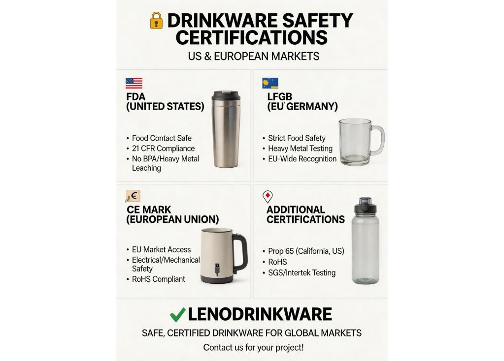 What safety certifications (e.g., FDA, LFGB) are crucial for drinkware intended for the US or European markets?