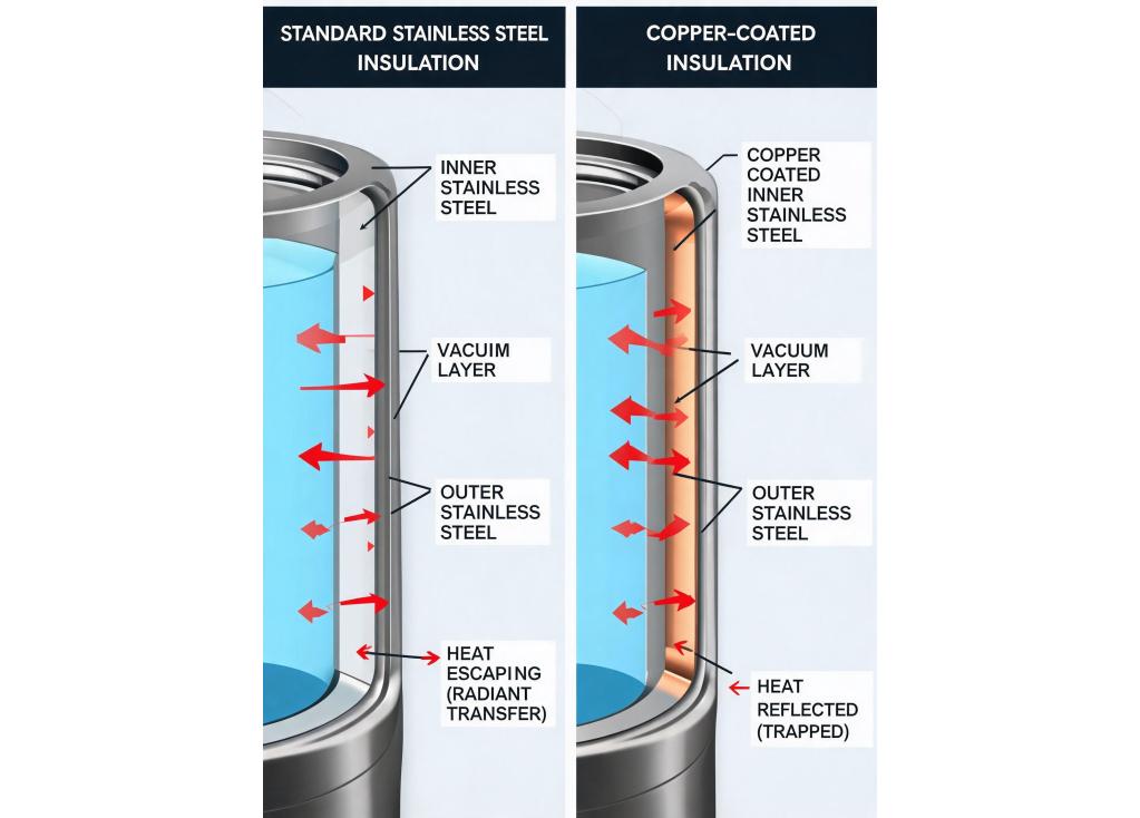How does the vacuum insulation performance differ between copper-coated and standard stainless steel layers?
