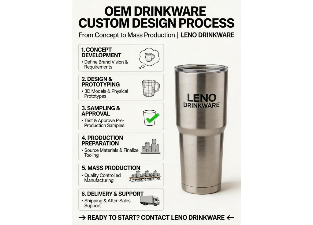 How does the custom design process work from concept to mass production for OEM drinkware?