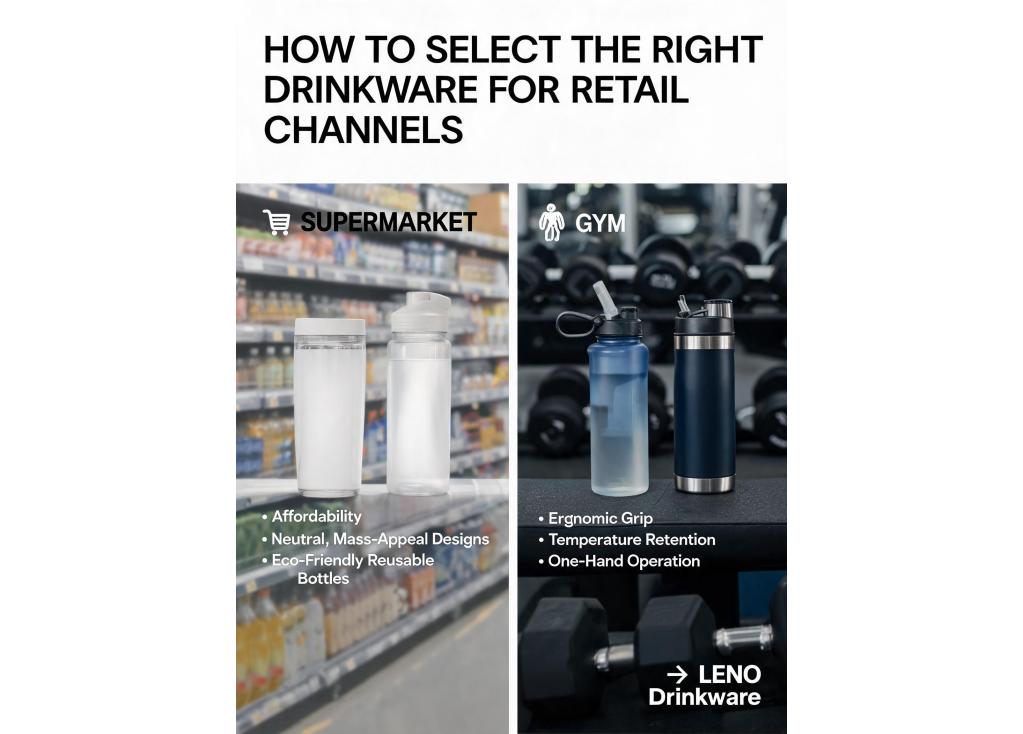 How to select the right type of drinkware (e.g., sport bottle vs. vacuum flask) for different retail channels like supermarkets or gyms?